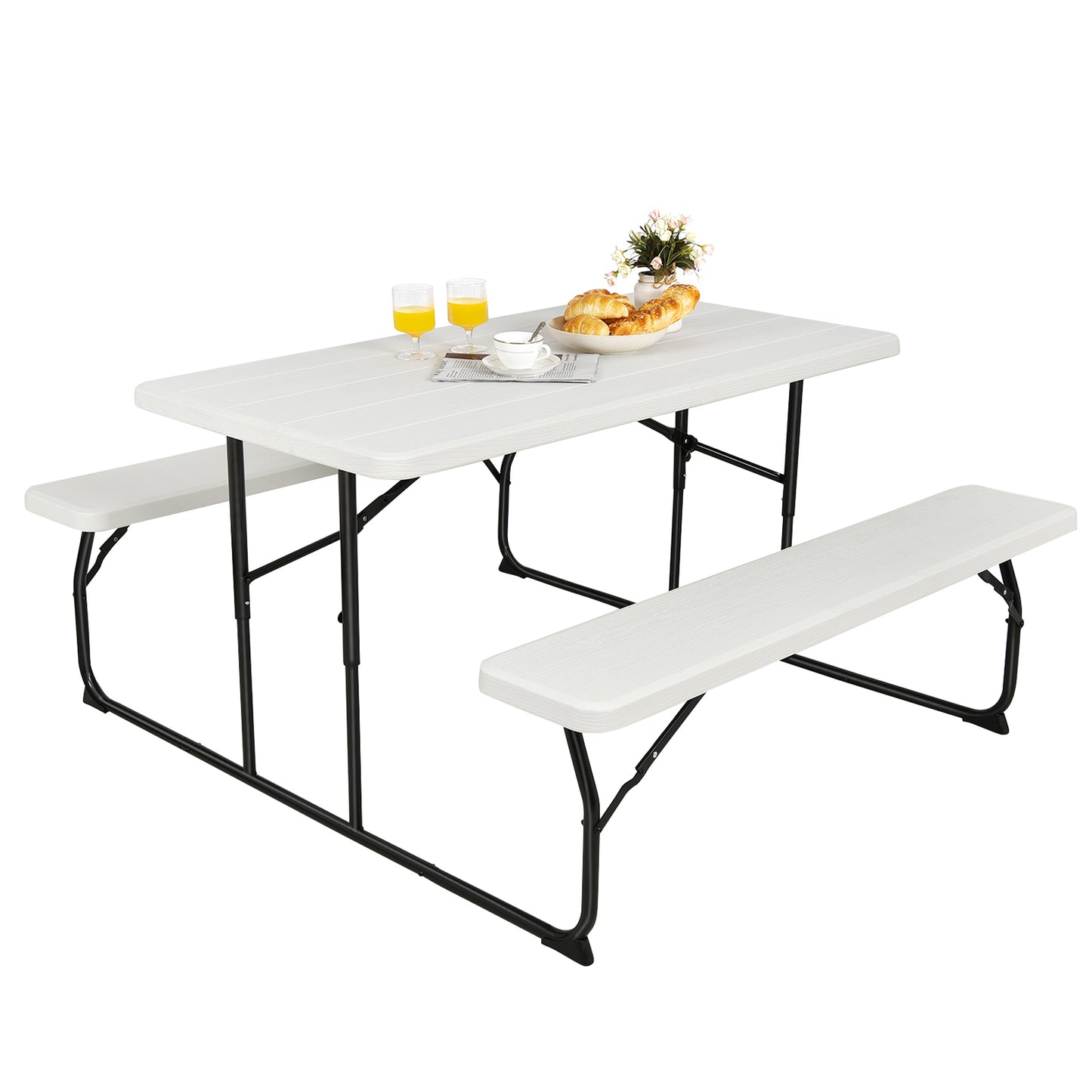 Indoor and Outdoor Folding Picnic Table Bench Set with Wood-like Texture-White Kids Crystal