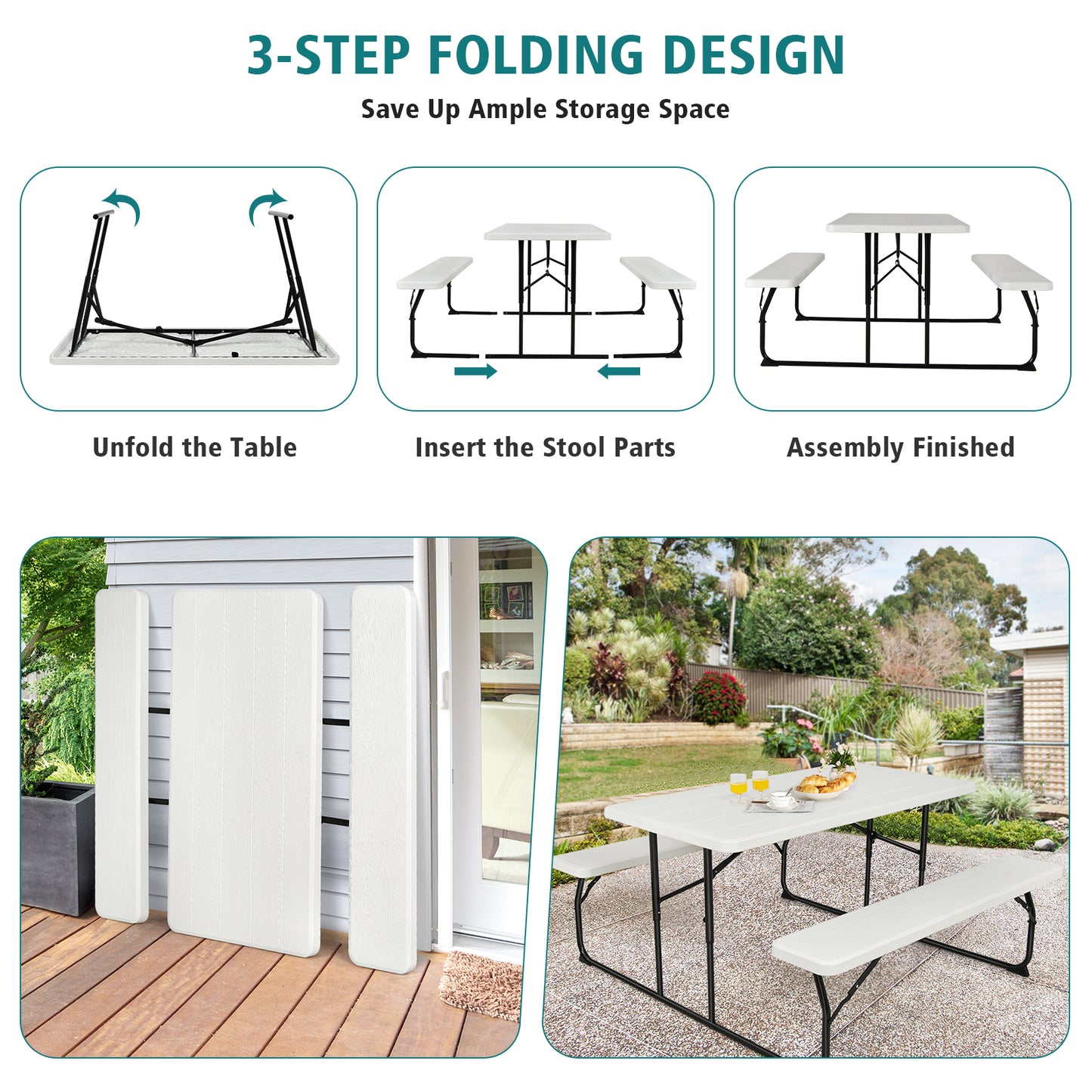 Indoor and Outdoor Folding Picnic Table Bench Set with Wood-like Texture-White Kids Crystal