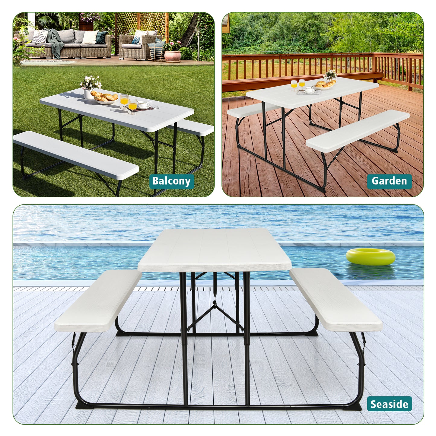 Indoor and Outdoor Folding Picnic Table Bench Set with Wood-like Texture-White Kids Crystal