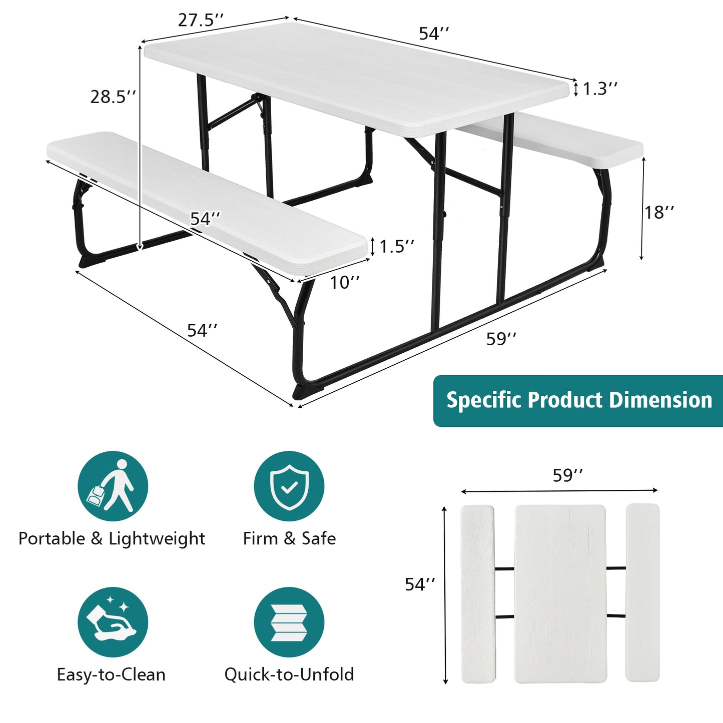 Indoor and Outdoor Folding Picnic Table Bench Set with Wood-like Texture-White Kids Crystal
