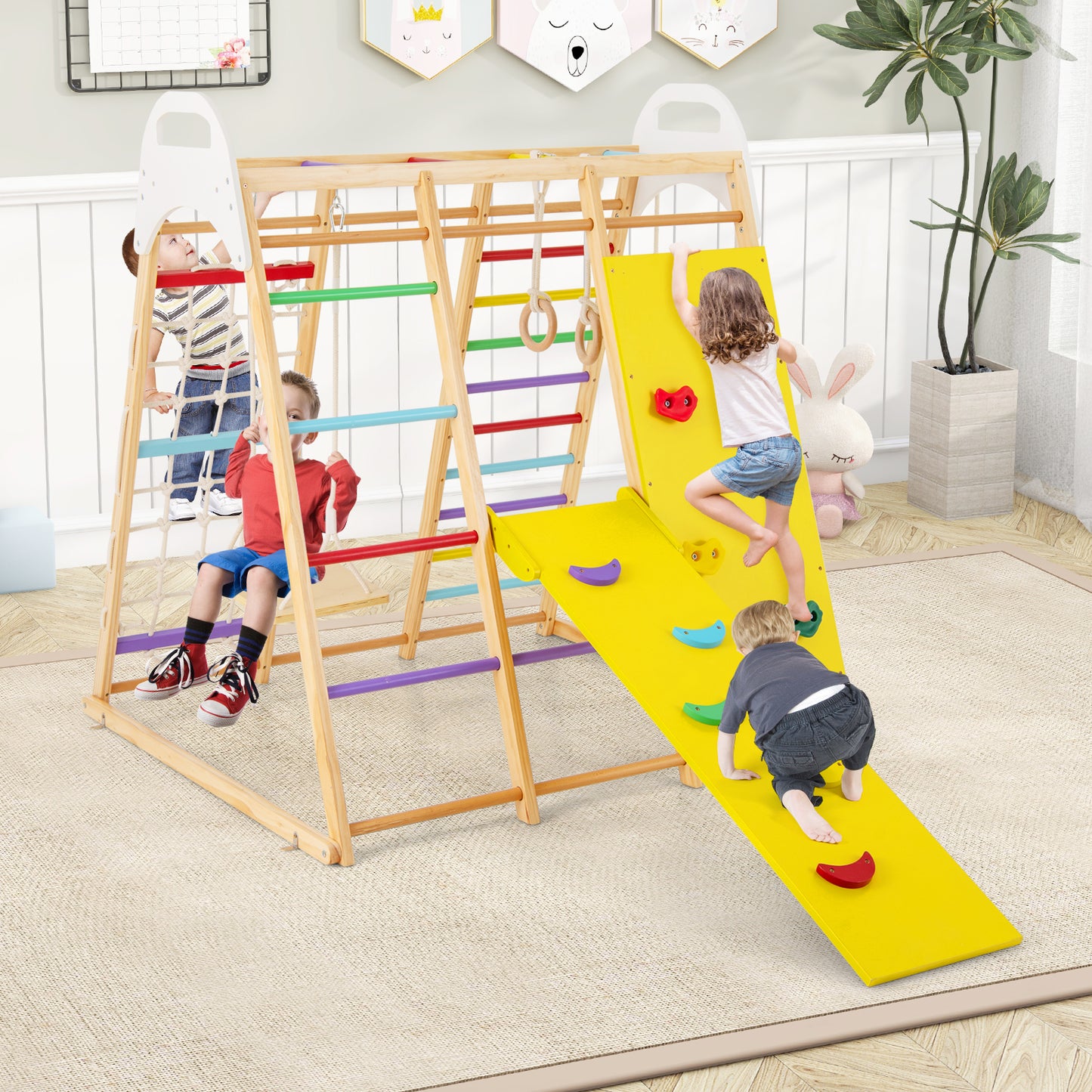 8-in-1 Wooden Jungle Gym Playset with Slide and Monkey Bars-Multicolor Kids Crystal