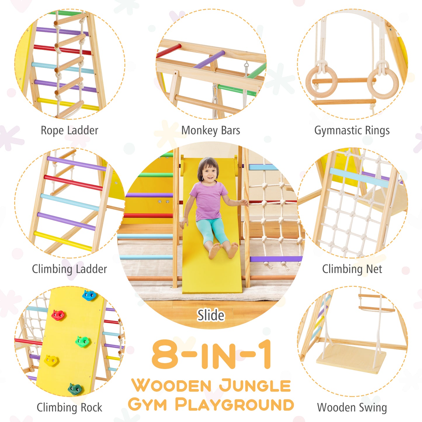 8-in-1 Wooden Jungle Gym Playset with Slide and Monkey Bars-Multicolor Kids Crystal