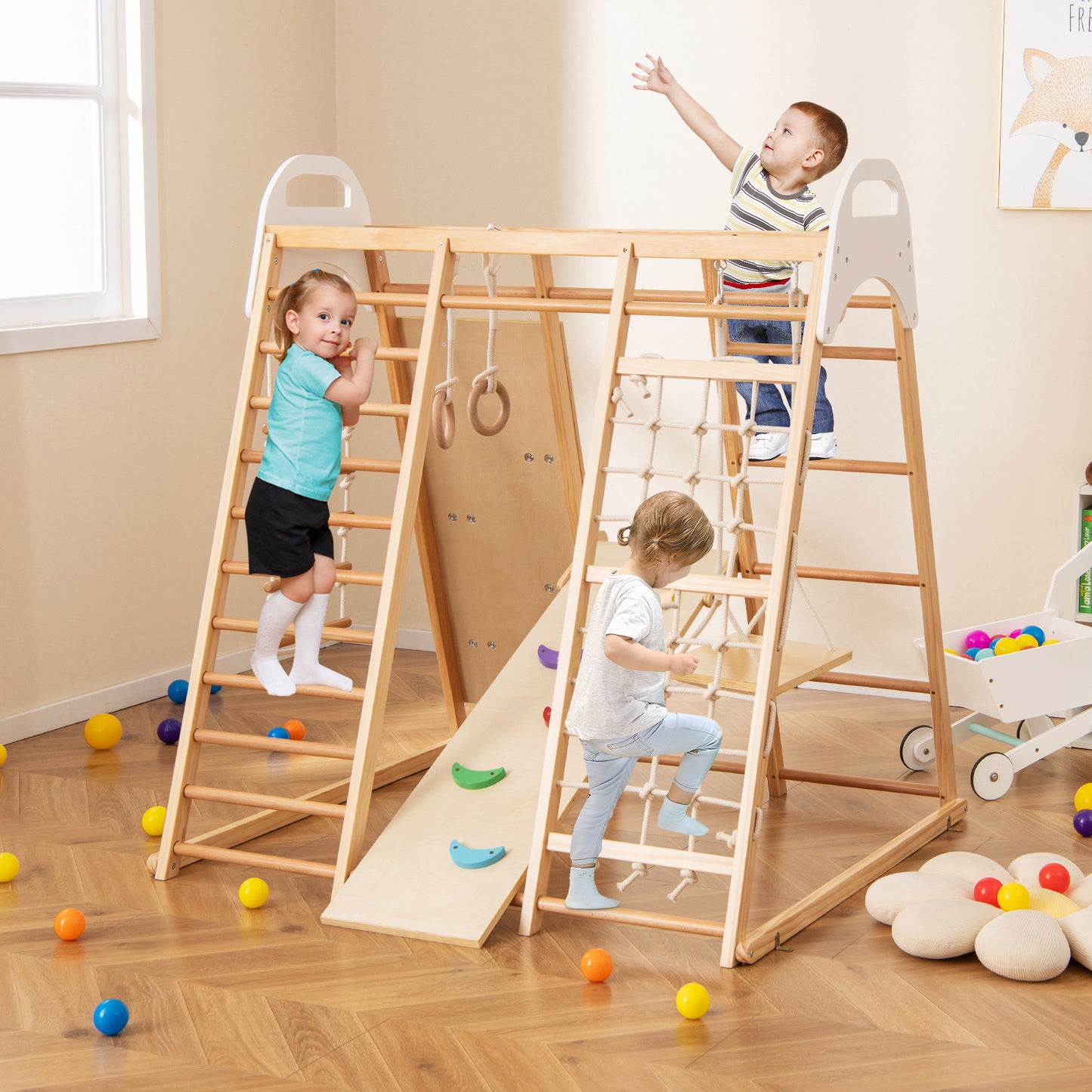 8-in-1 Wooden Jungle Gym Playset with Slide and Monkey Bars-Natural Kids Crystal