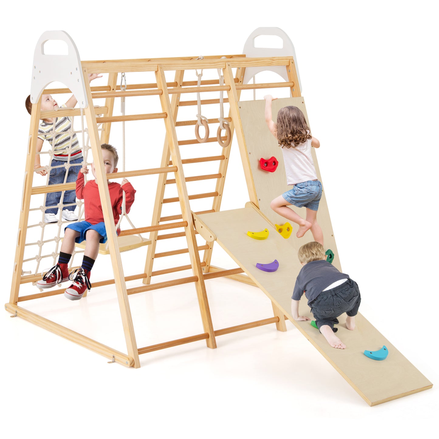 8-in-1 Wooden Jungle Gym Playset with Slide and Monkey Bars-Natural Kids Crystal
