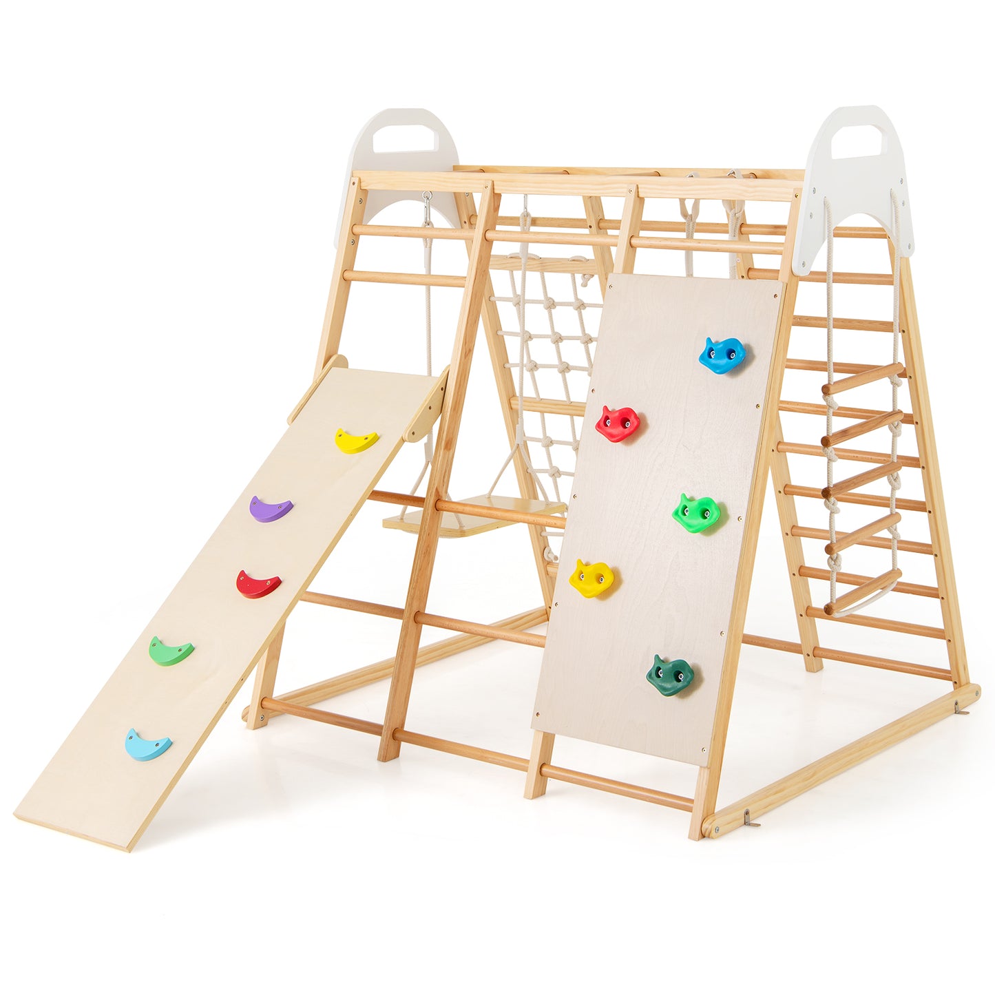 8-in-1 Wooden Jungle Gym Playset with Slide and Monkey Bars-Natural Kids Crystal