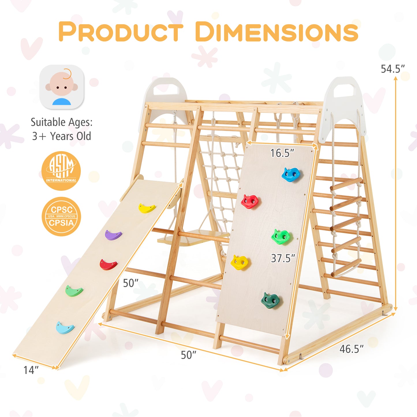 8-in-1 Wooden Jungle Gym Playset with Slide and Monkey Bars-Natural Kids Crystal