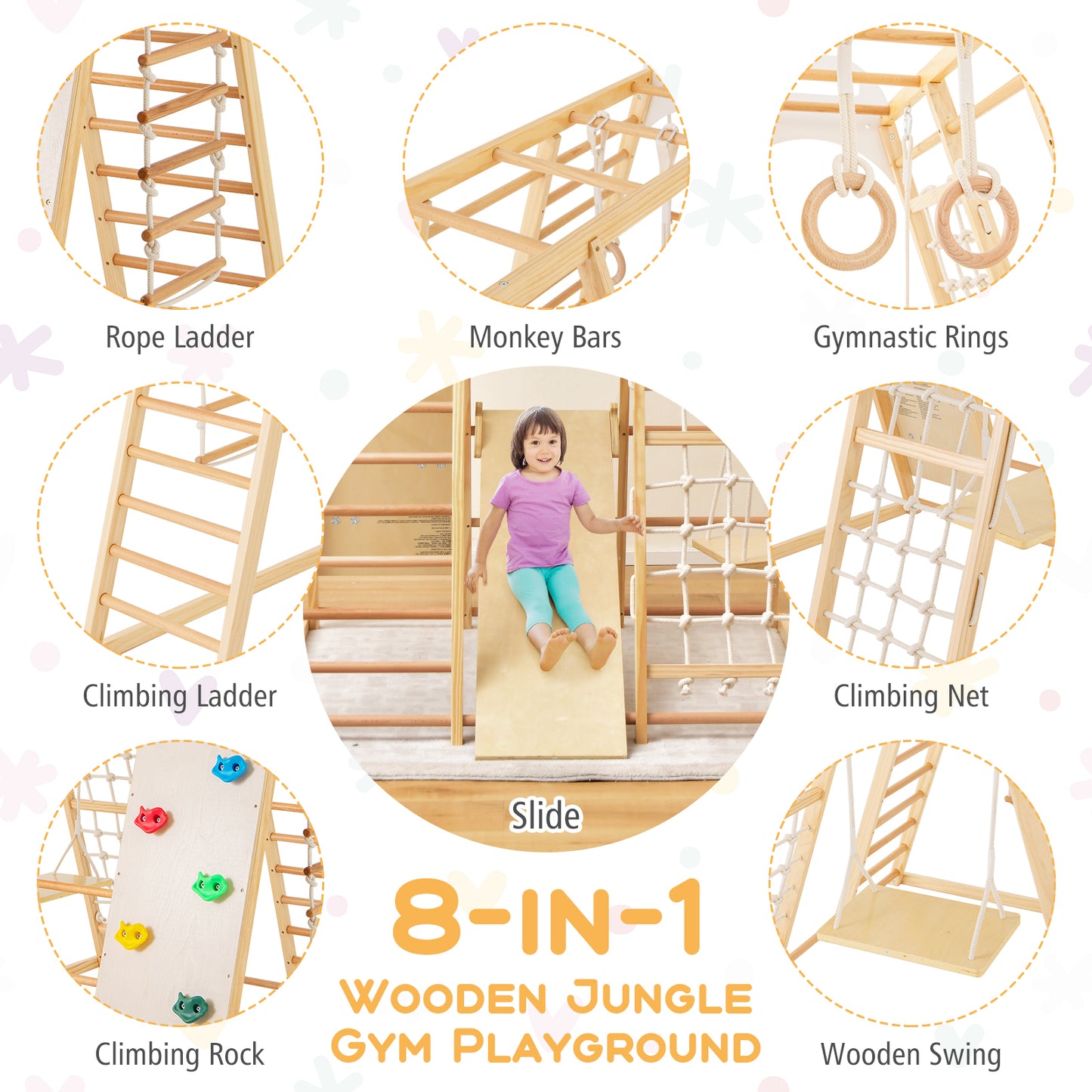 8-in-1 Wooden Jungle Gym Playset with Slide and Monkey Bars-Natural Kids Crystal