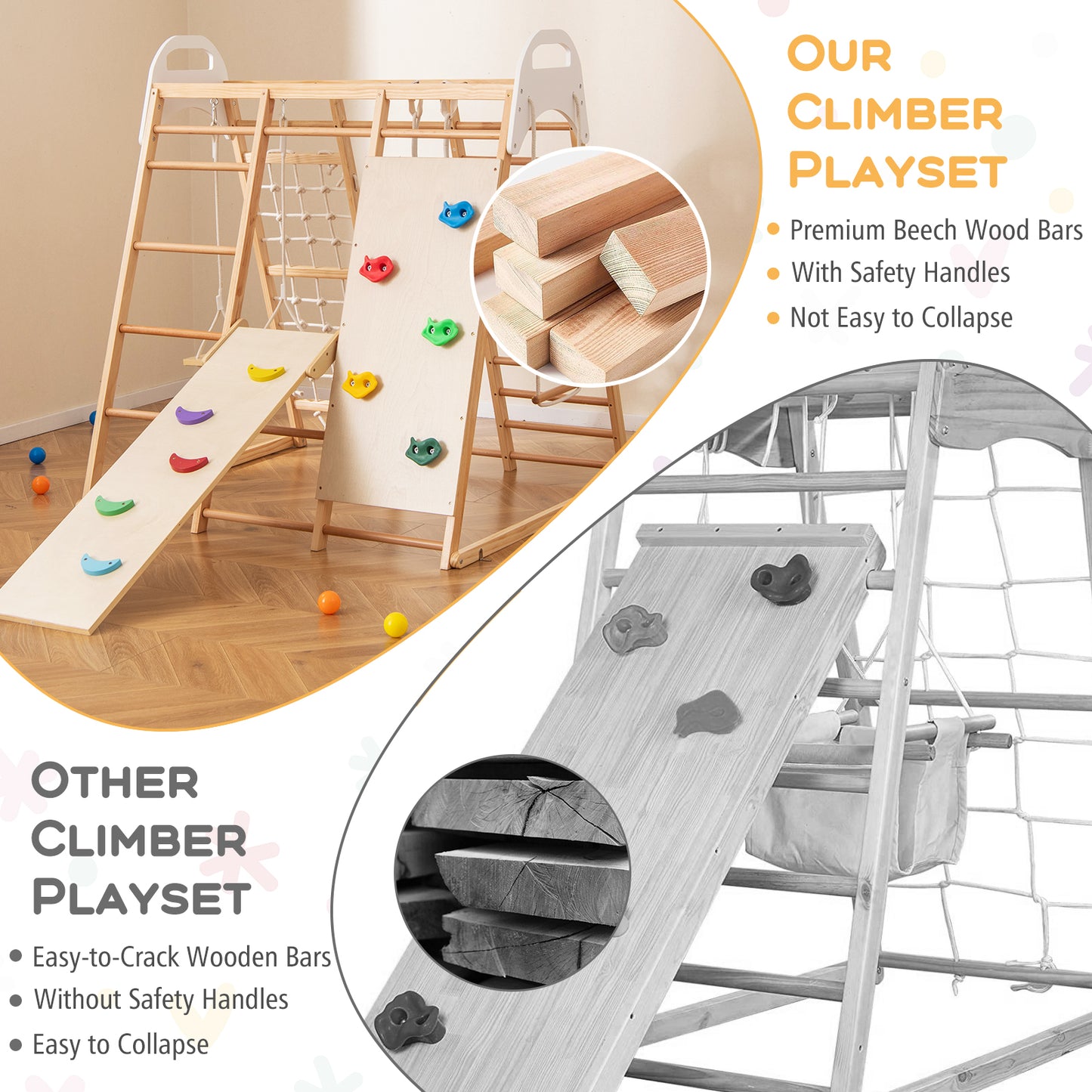 8-in-1 Wooden Jungle Gym Playset with Slide and Monkey Bars-Natural Kids Crystal