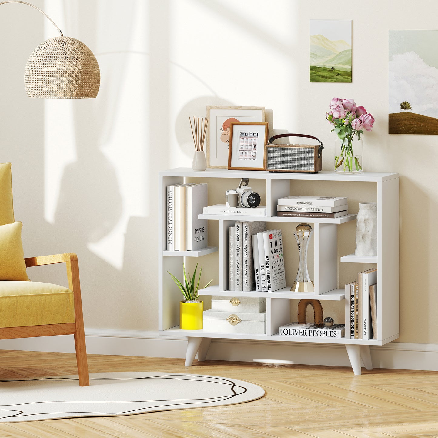 Geometric Bookcase with Anti-Tipping Kit and Storage Shelving Unit-White Kids Crystal