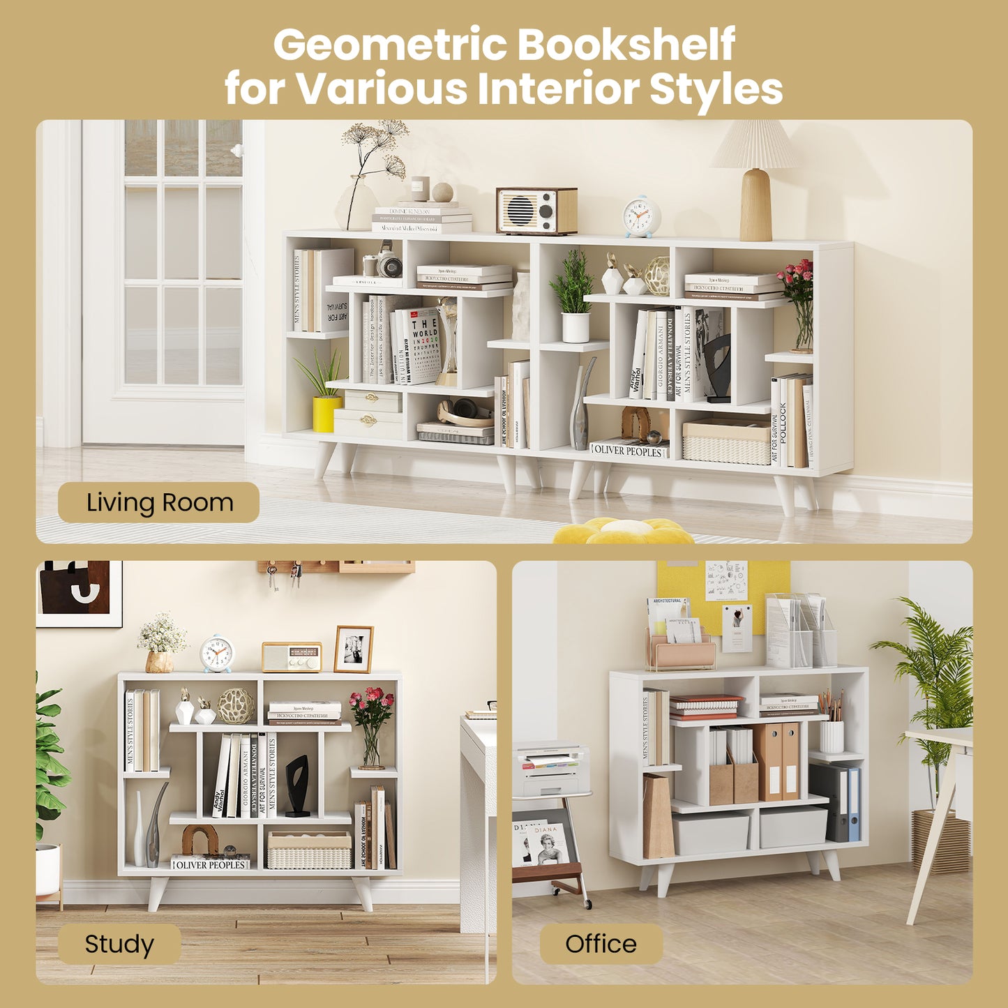 Geometric Bookcase with Anti-Tipping Kit and Storage Shelving Unit-White Kids Crystal