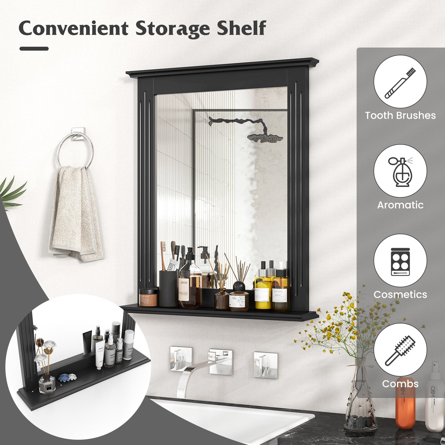 Wall-Mounted Multipurpose Vanity Mirror with Shelf-Black Kids Crystal
