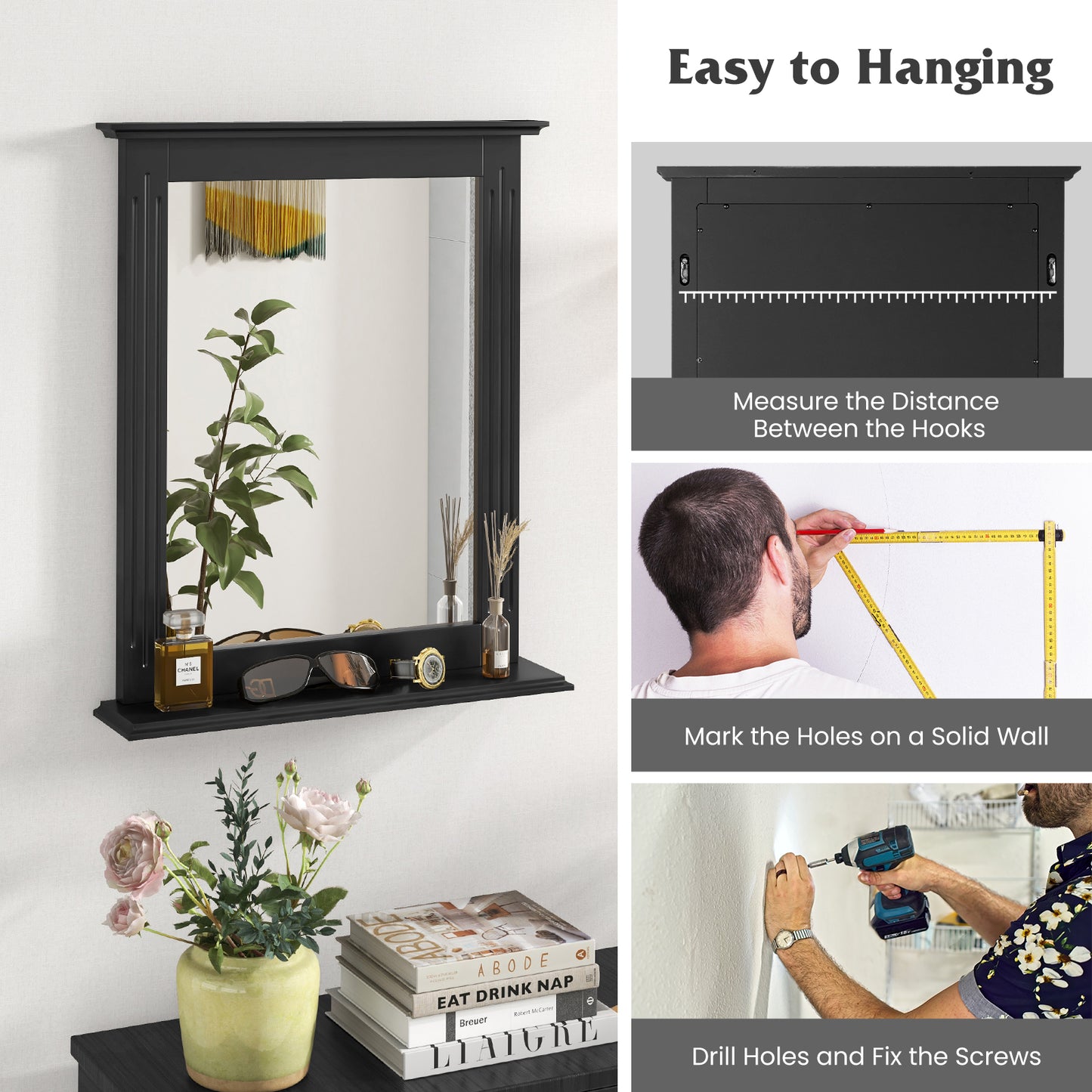 Wall-Mounted Multipurpose Vanity Mirror with Shelf-Black Kids Crystal