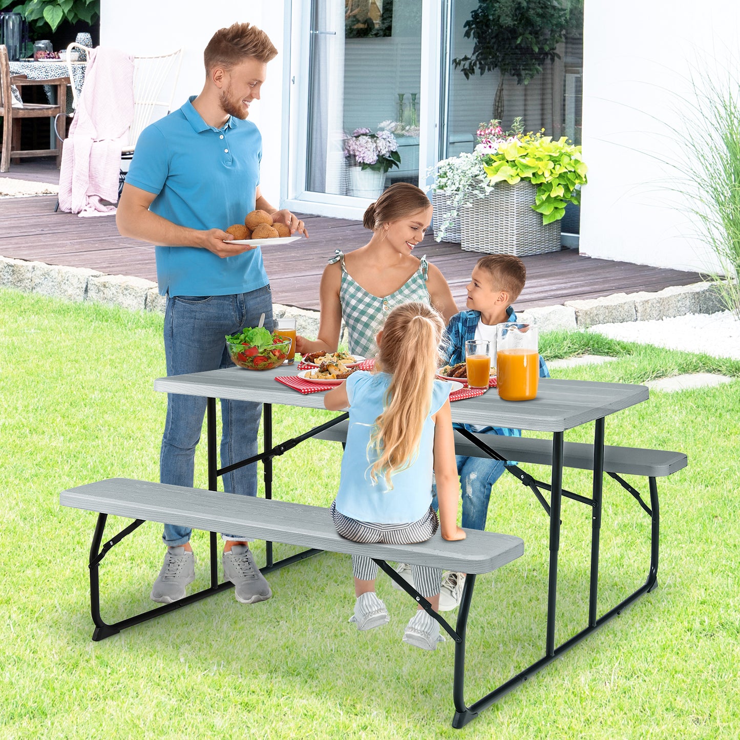 Indoor and Outdoor Folding Picnic Table Bench Set with Wood-like Texture-Gray Kids Crystal
