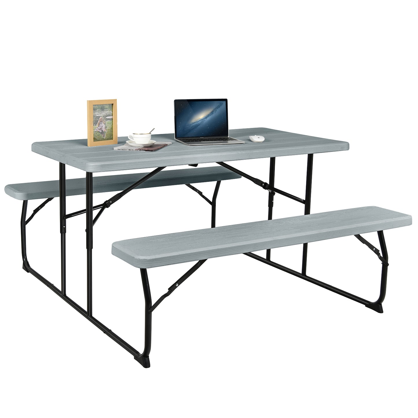 Indoor and Outdoor Folding Picnic Table Bench Set with Wood-like Texture-Gray Kids Crystal