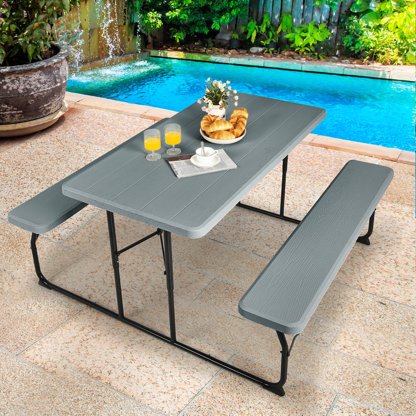 Indoor and Outdoor Folding Picnic Table Bench Set with Wood-like Texture-Gray Kids Crystal