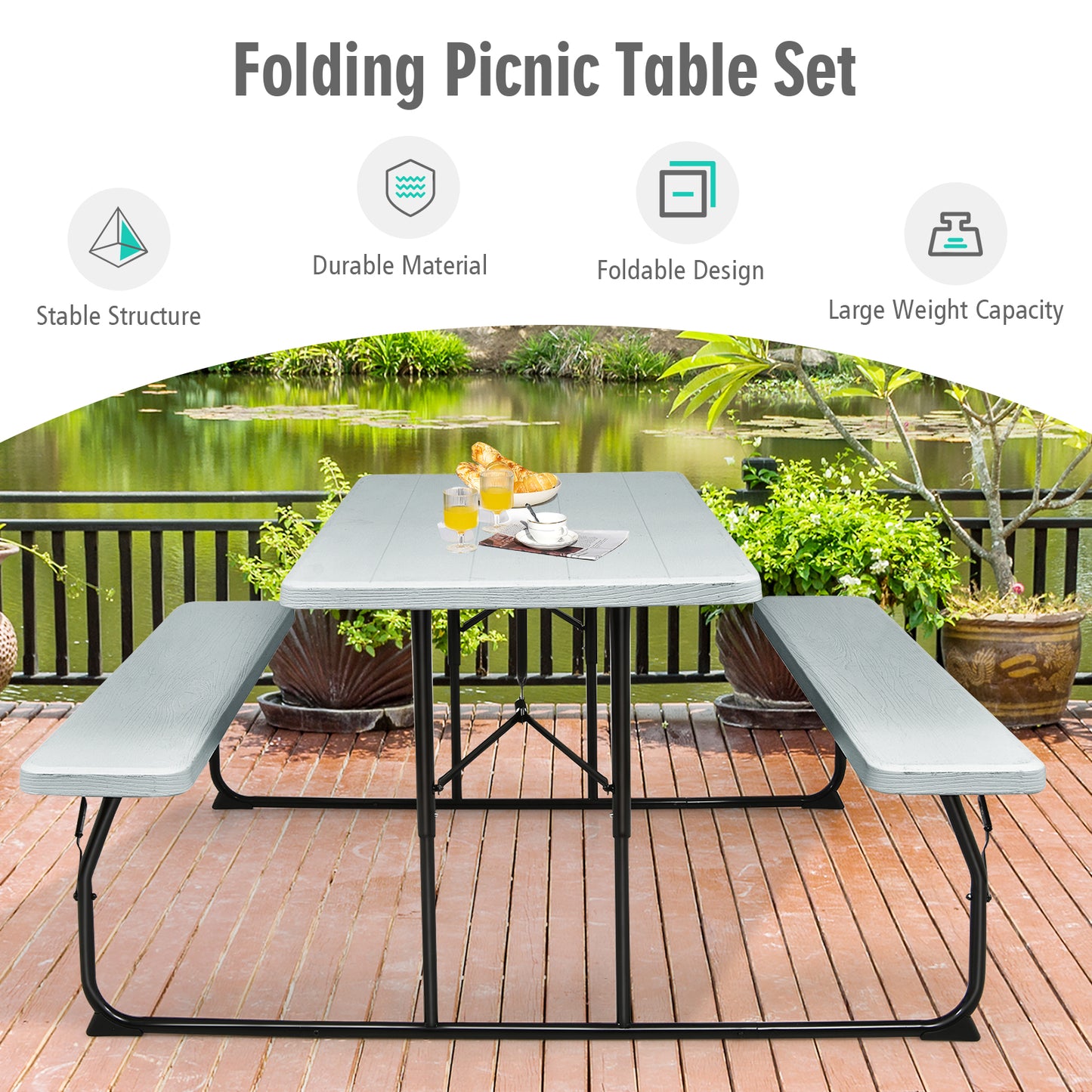 Indoor and Outdoor Folding Picnic Table Bench Set with Wood-like Texture-Gray Kids Crystal