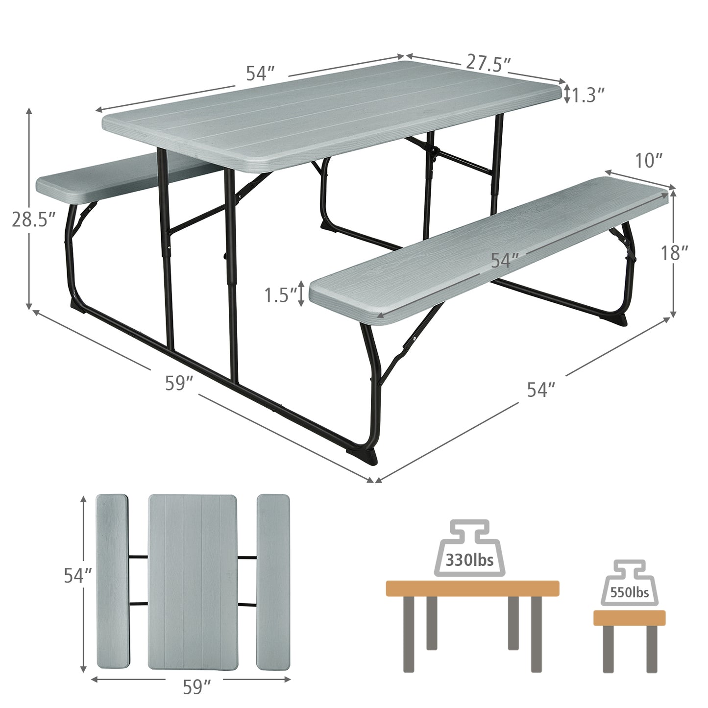 Indoor and Outdoor Folding Picnic Table Bench Set with Wood-like Texture-Gray Kids Crystal