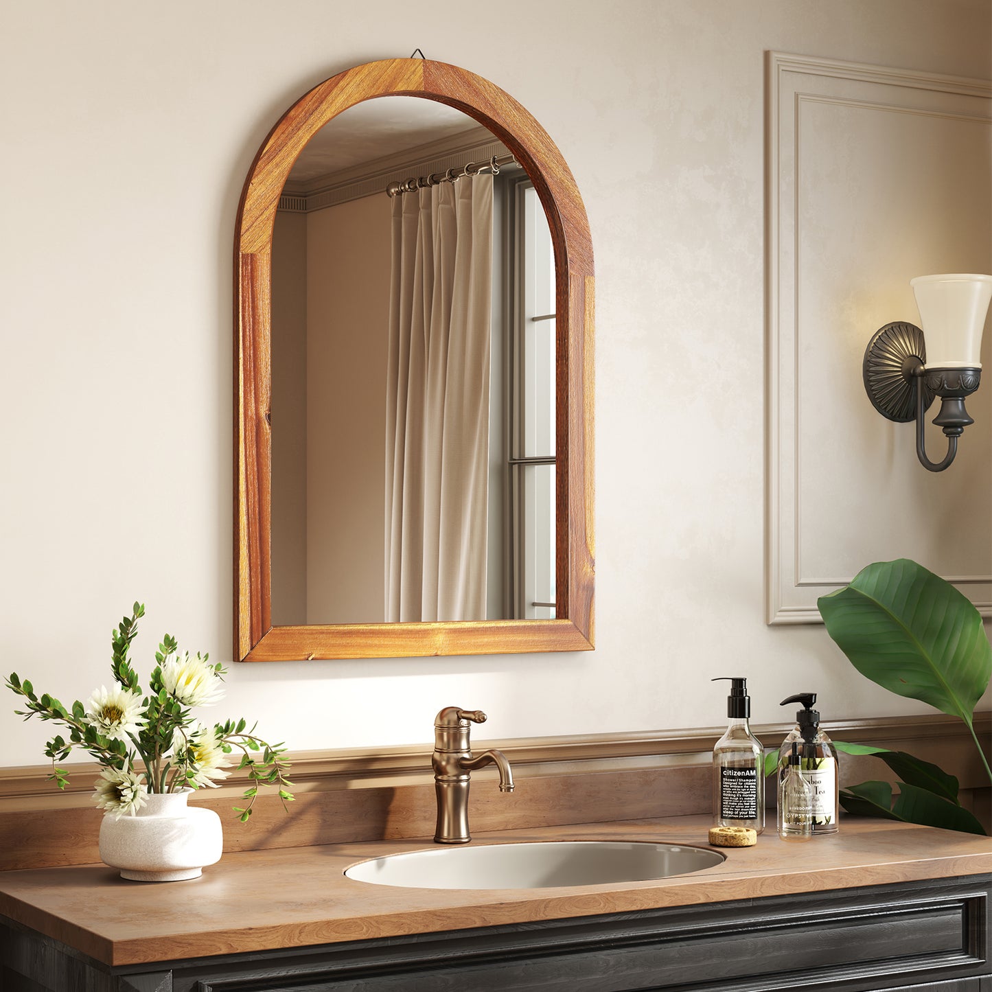 24 Inch x 35 Inch Arched Wall Mirror with Solid Acacia Wood Frame-Brown Kids Crystal