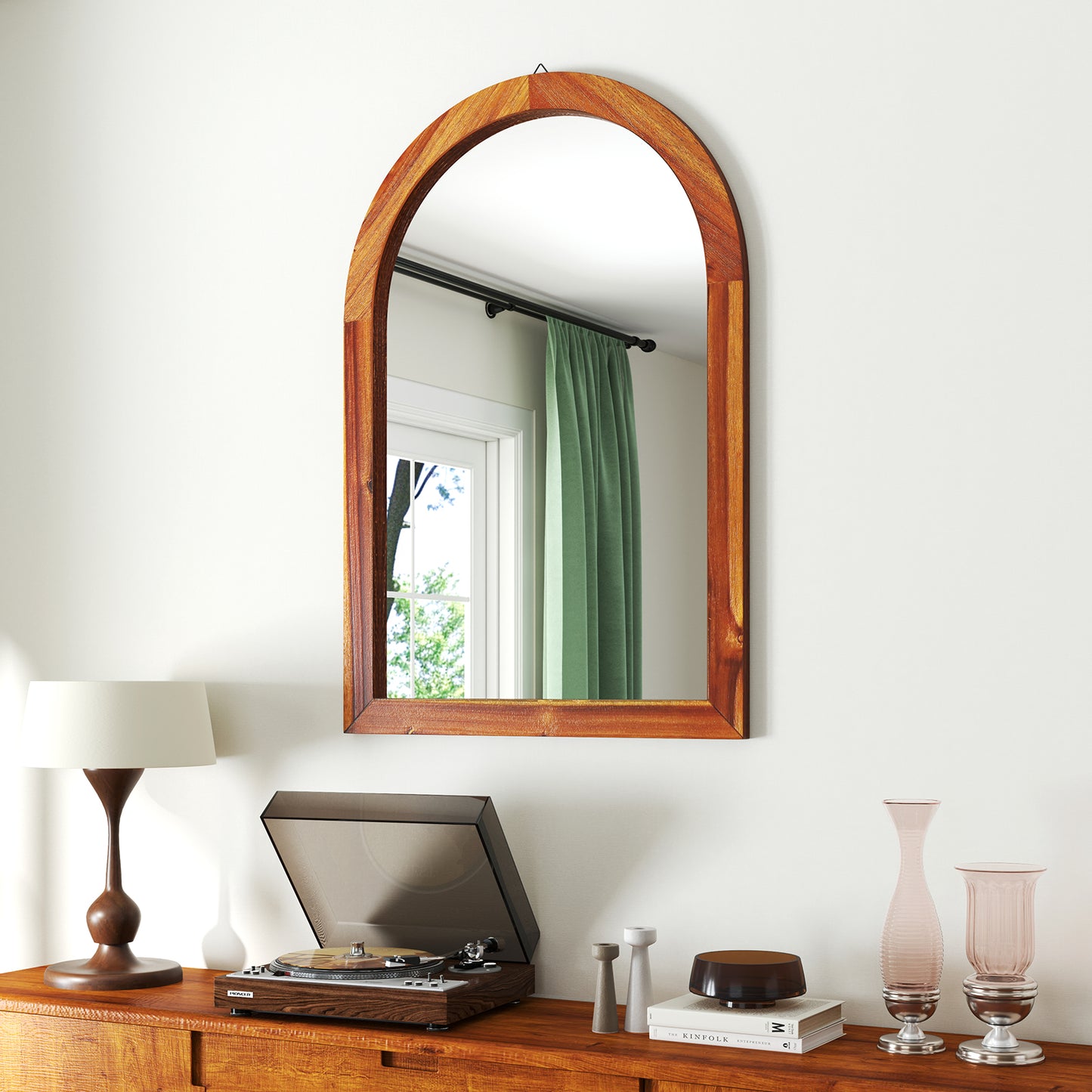 24 Inch x 35 Inch Arched Wall Mirror with Solid Acacia Wood Frame-Brown Kids Crystal