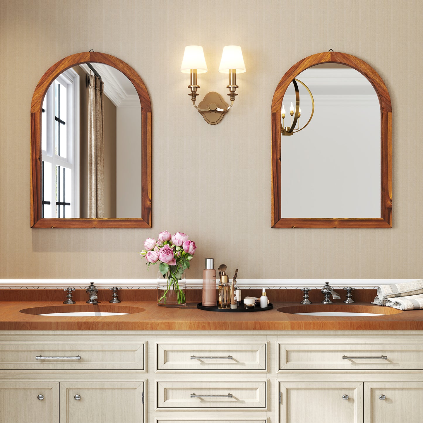 24 Inch x 35 Inch Arched Wall Mirror with Solid Acacia Wood Frame-Brown Kids Crystal