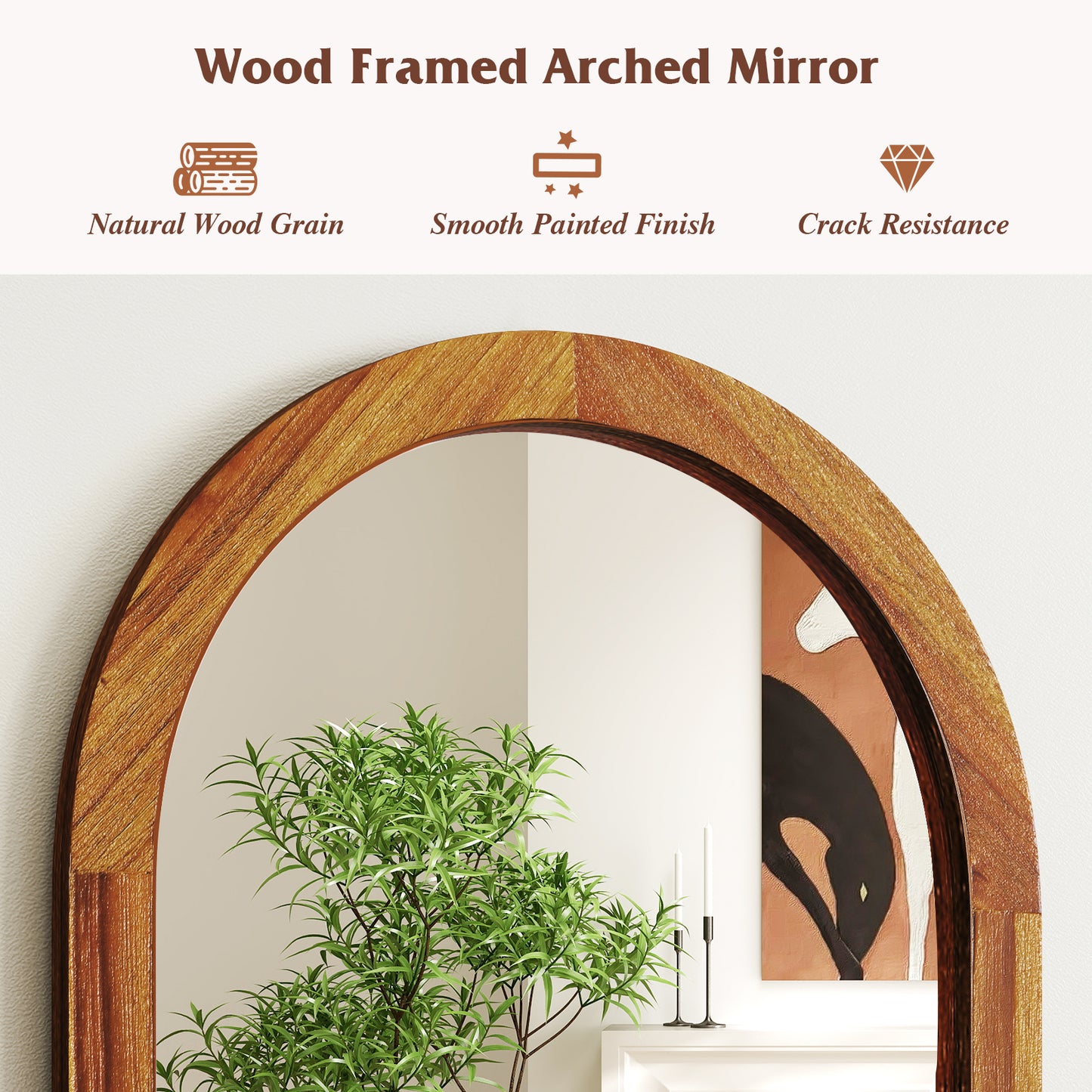24 Inch x 35 Inch Arched Wall Mirror with Solid Acacia Wood Frame-Brown Kids Crystal