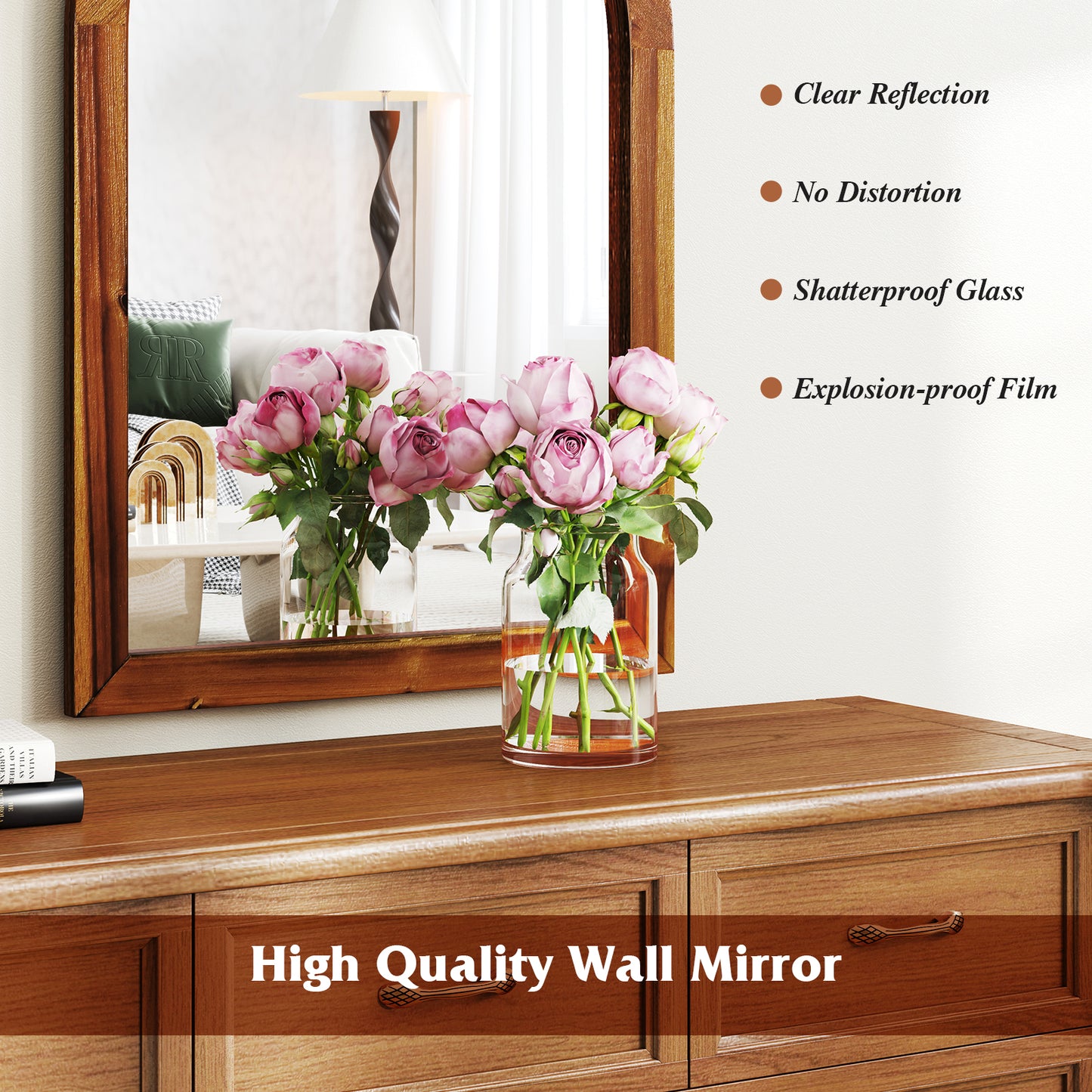 24 Inch x 35 Inch Arched Wall Mirror with Solid Acacia Wood Frame-Brown Kids Crystal