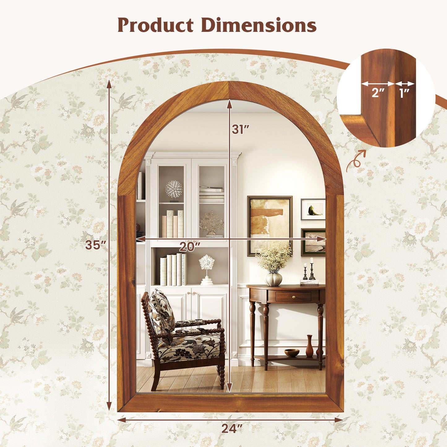 24 Inch x 35 Inch Arched Wall Mirror with Solid Acacia Wood Frame-Brown Kids Crystal