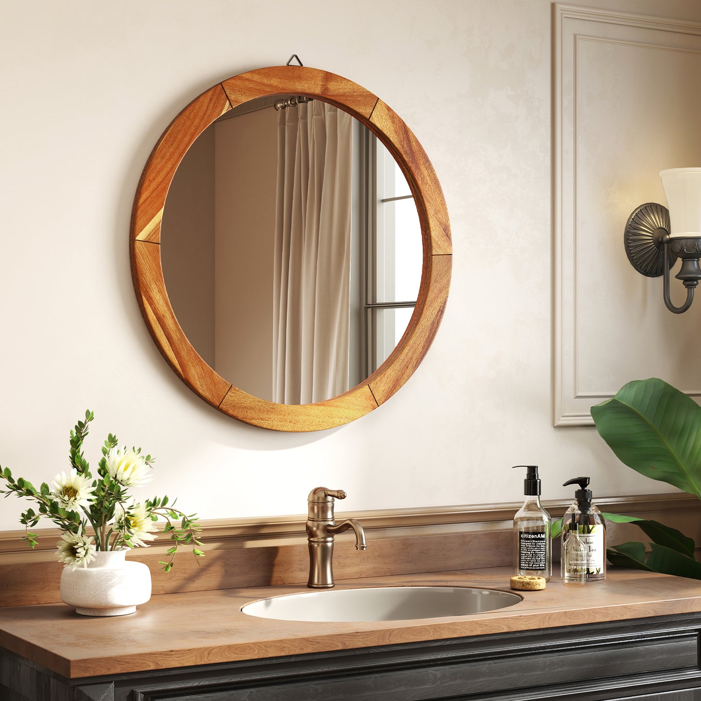 27 Inch Round Wall Mirror with Solid Acacia Wood Frame-Brown Kids Crystal