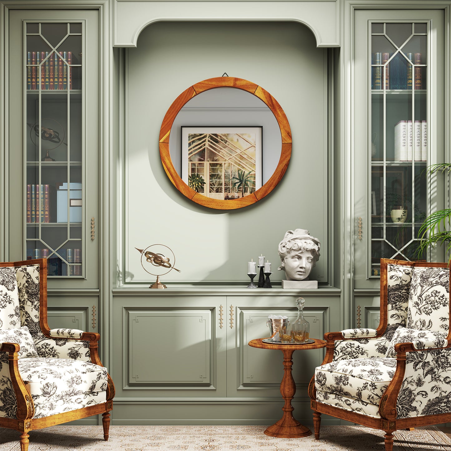 27 Inch Round Wall Mirror with Solid Acacia Wood Frame-Brown Kids Crystal
