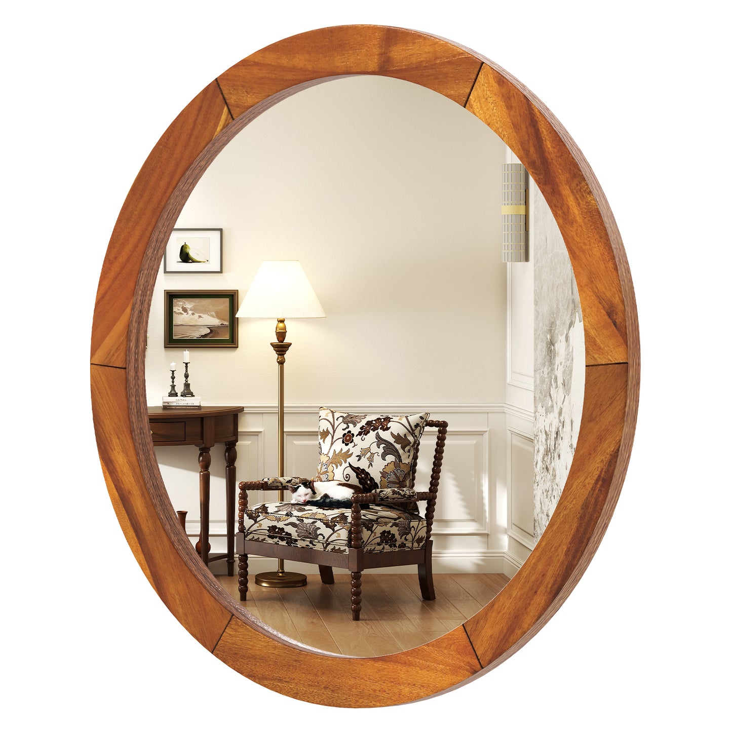 27 Inch Round Wall Mirror with Solid Acacia Wood Frame-Brown Kids Crystal