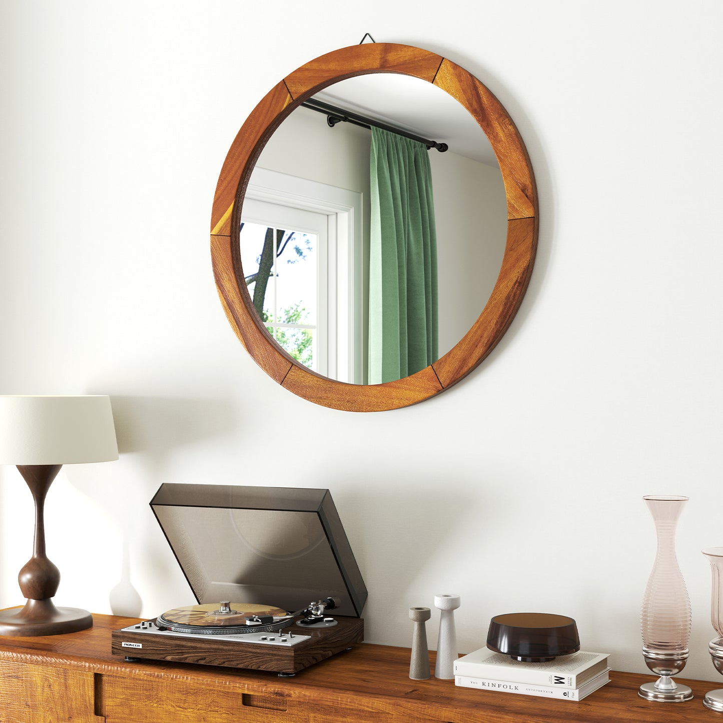 27 Inch Round Wall Mirror with Solid Acacia Wood Frame-Brown Kids Crystal