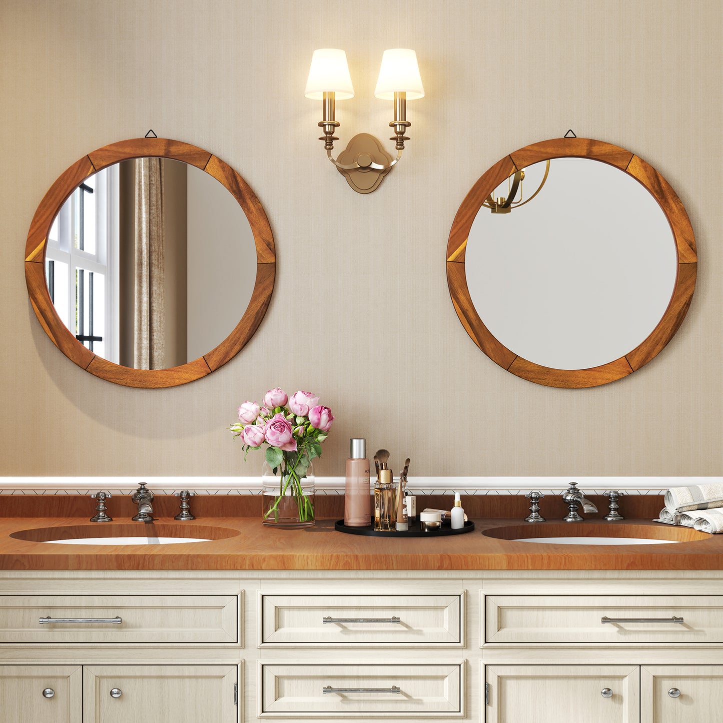 27 Inch Round Wall Mirror with Solid Acacia Wood Frame-Brown Kids Crystal