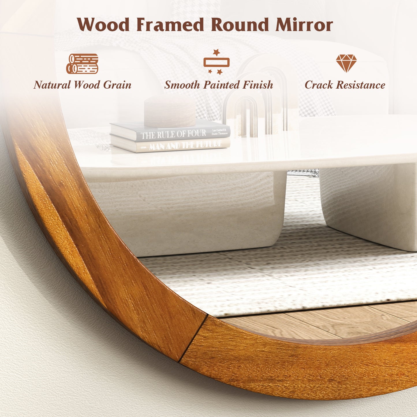 27 Inch Round Wall Mirror with Solid Acacia Wood Frame-Brown Kids Crystal