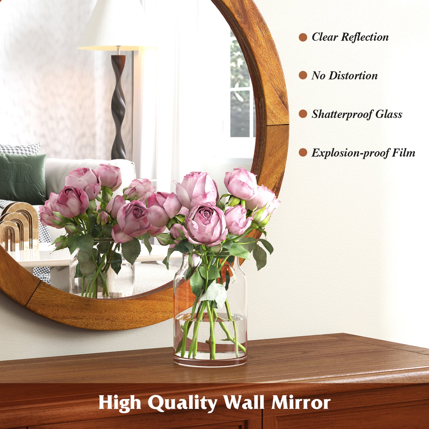27 Inch Round Wall Mirror with Solid Acacia Wood Frame-Brown Kids Crystal