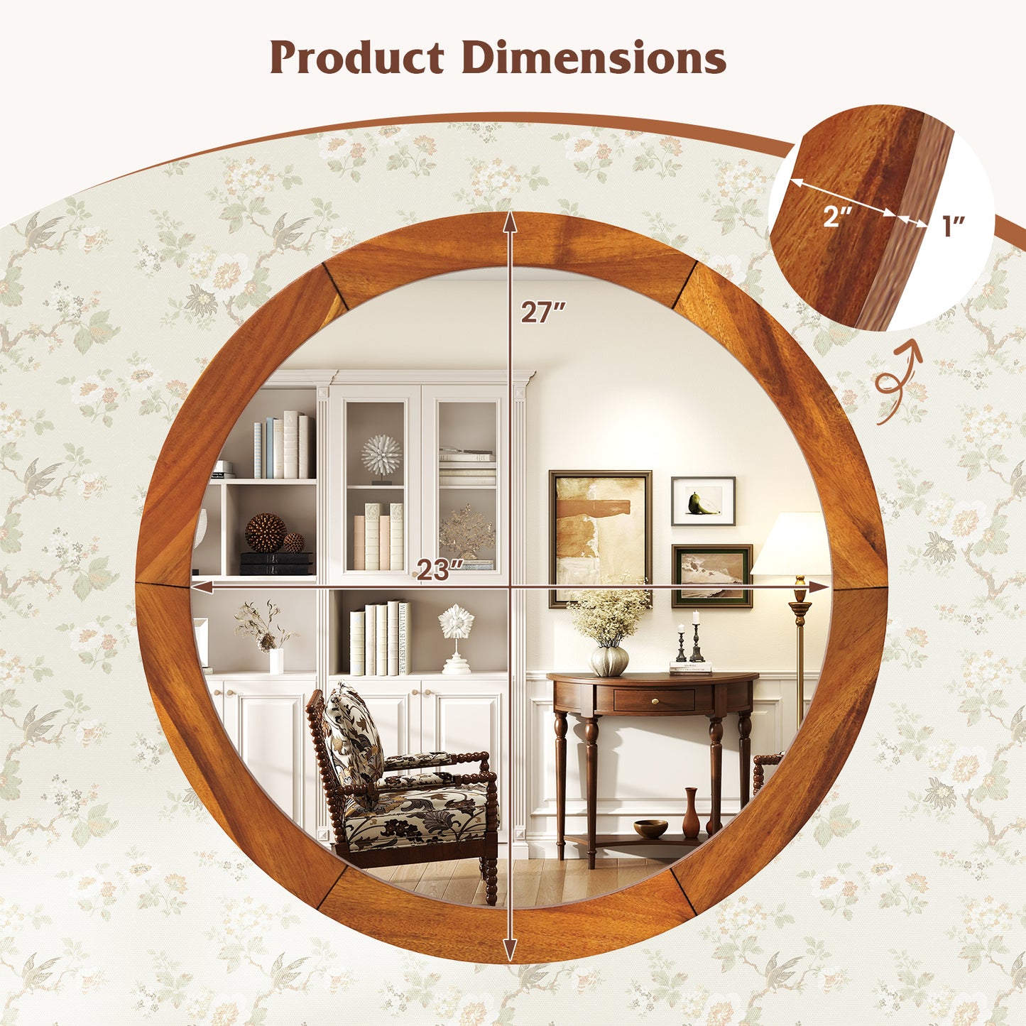 27 Inch Round Wall Mirror with Solid Acacia Wood Frame-Brown Kids Crystal