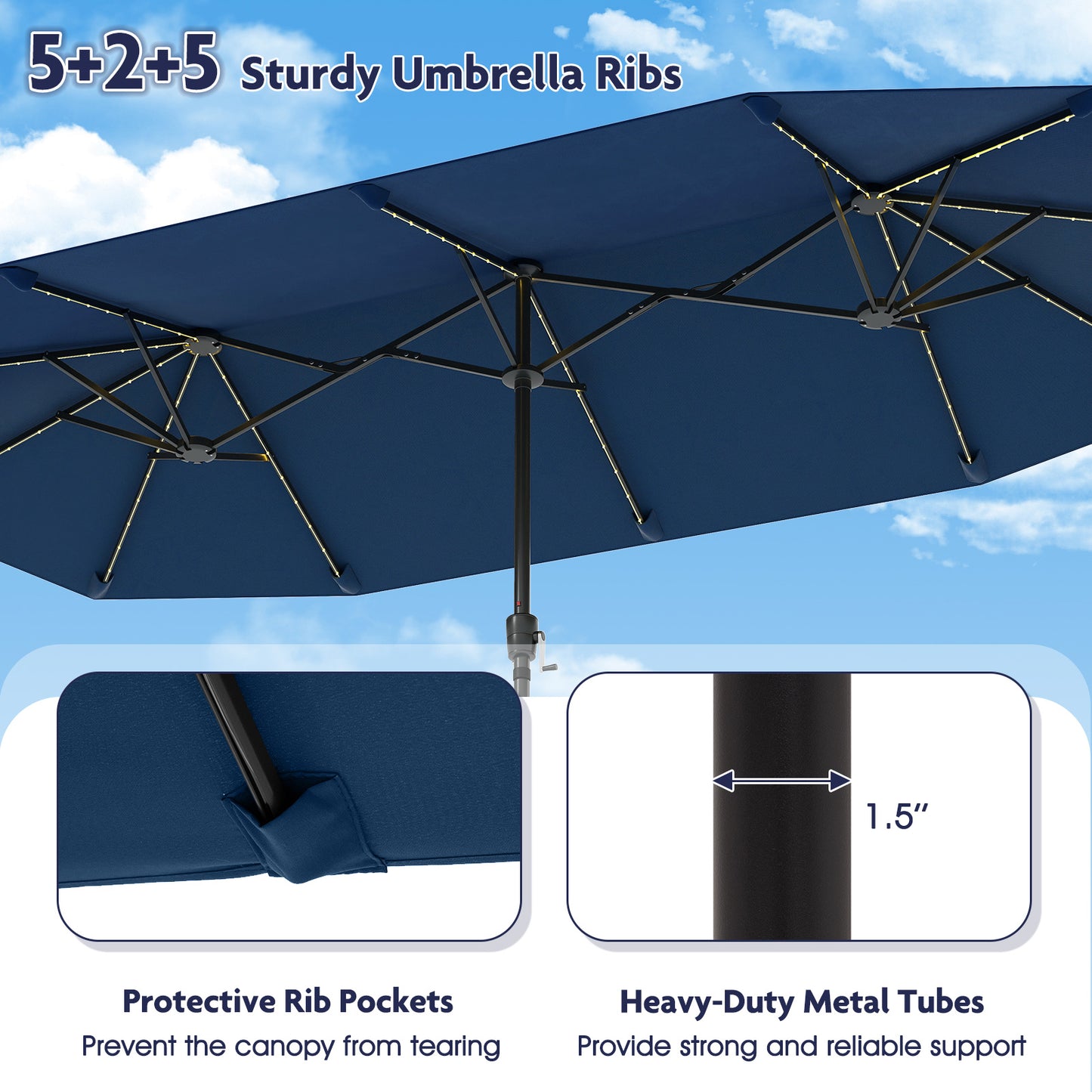 13 FT Large Patio Umbrella with LED Solar Lights and Crank Handle-Navy Kids Crystal