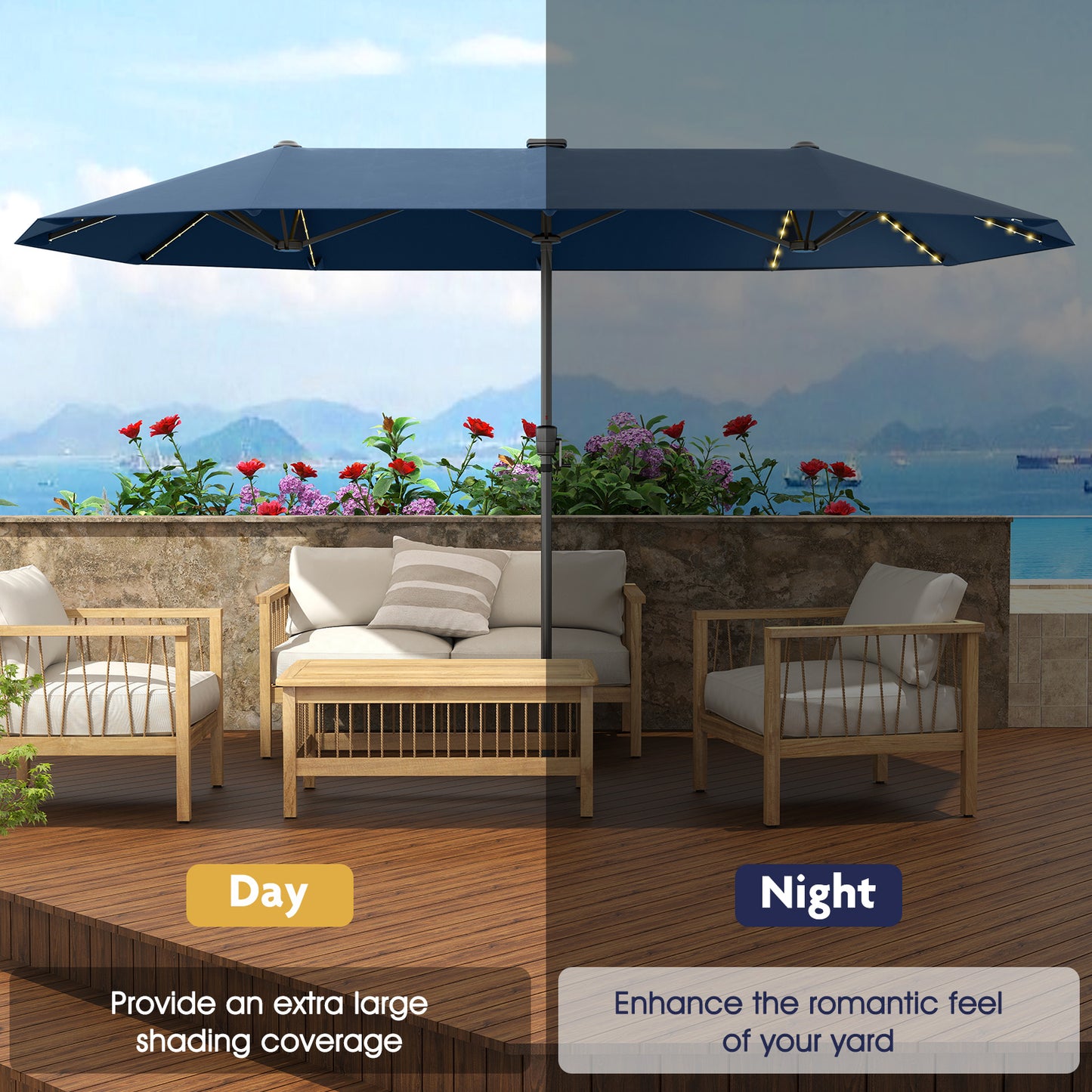 13 FT Large Patio Umbrella with LED Solar Lights and Crank Handle-Navy Kids Crystal