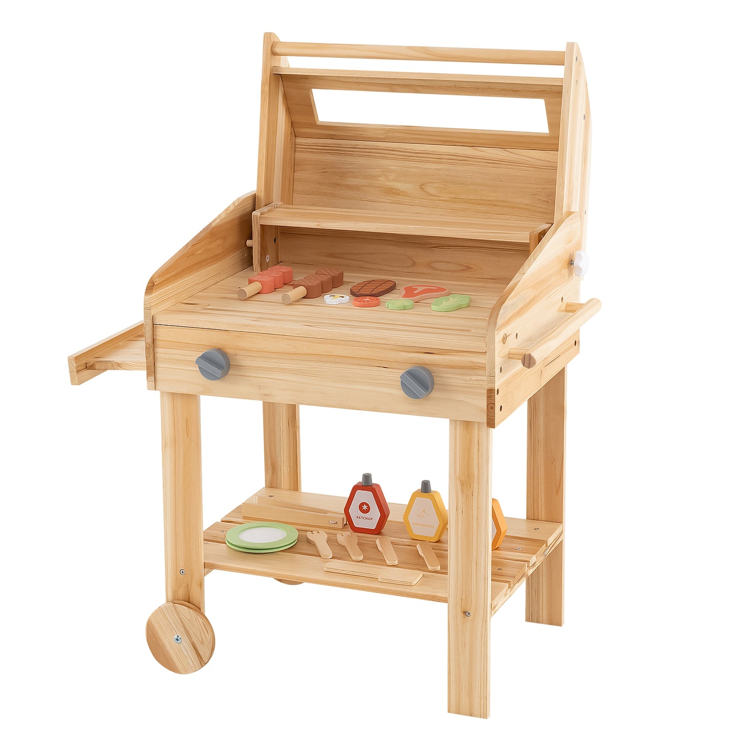Kids Wooden Barbecue Grill Playset Pretend Kitchen with Food and Wheels-Natural Kids Crystal