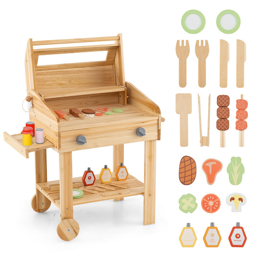 Kids Wooden Barbecue Grill Playset Pretend Kitchen with Food and Wheels-Natural Kids Crystal