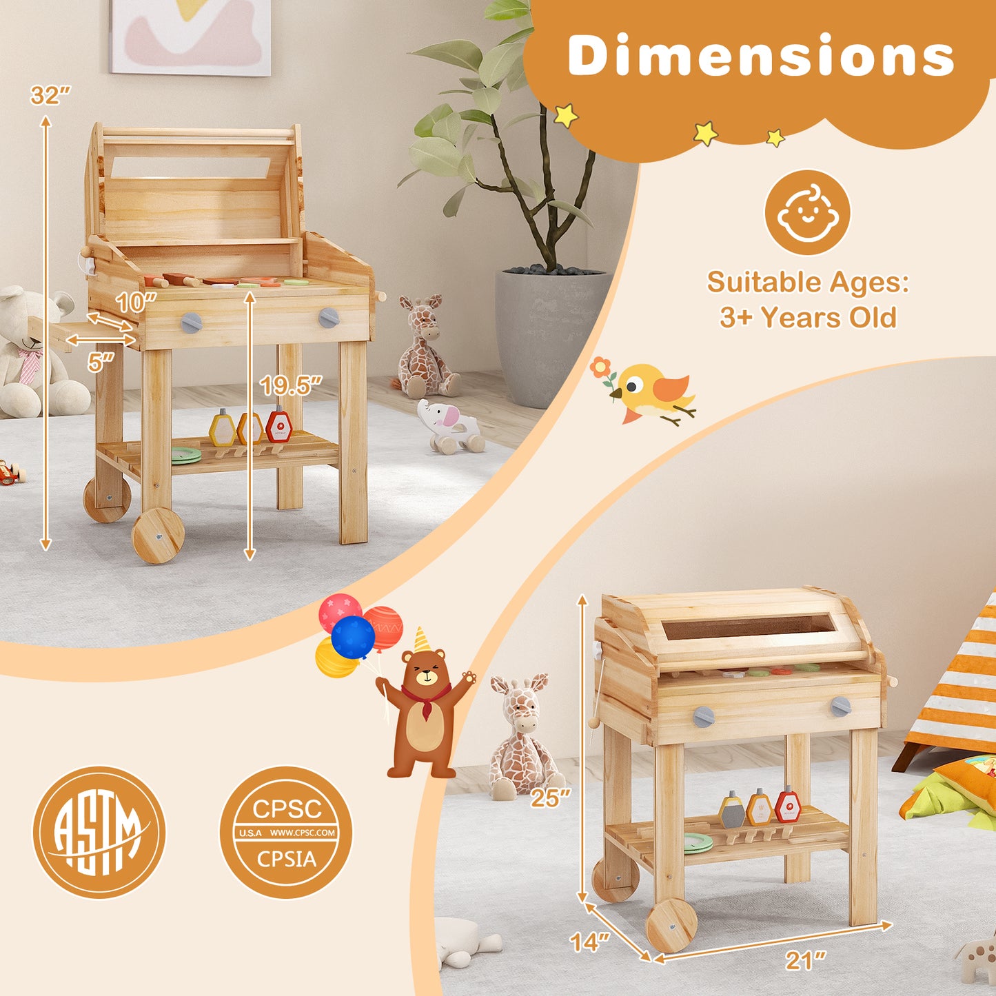 Kids Wooden Barbecue Grill Playset Pretend Kitchen with Food and Wheels-Natural Kids Crystal