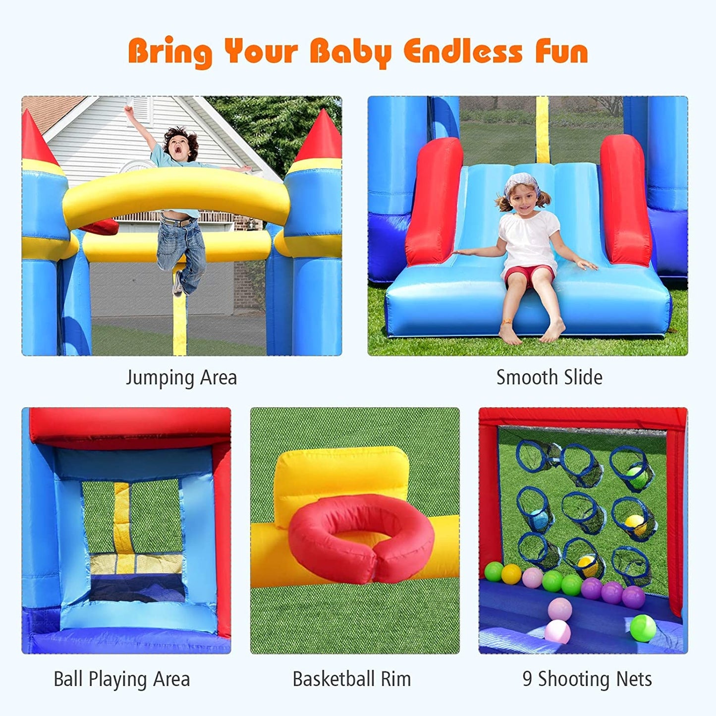 Castle Slide Inflatable Bounce House with Ball Pit and Basketball Hoop Kids Crystal