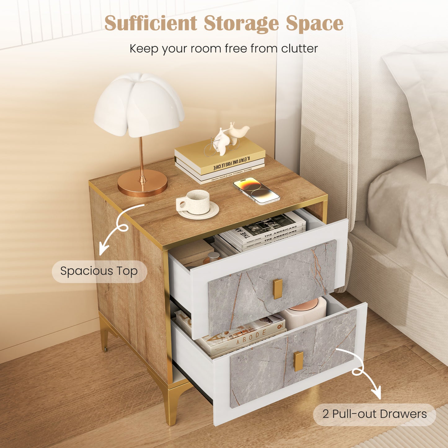 Nightstand with 2 Pull-out Drawers for Living Room Bedroom Kids Crystal