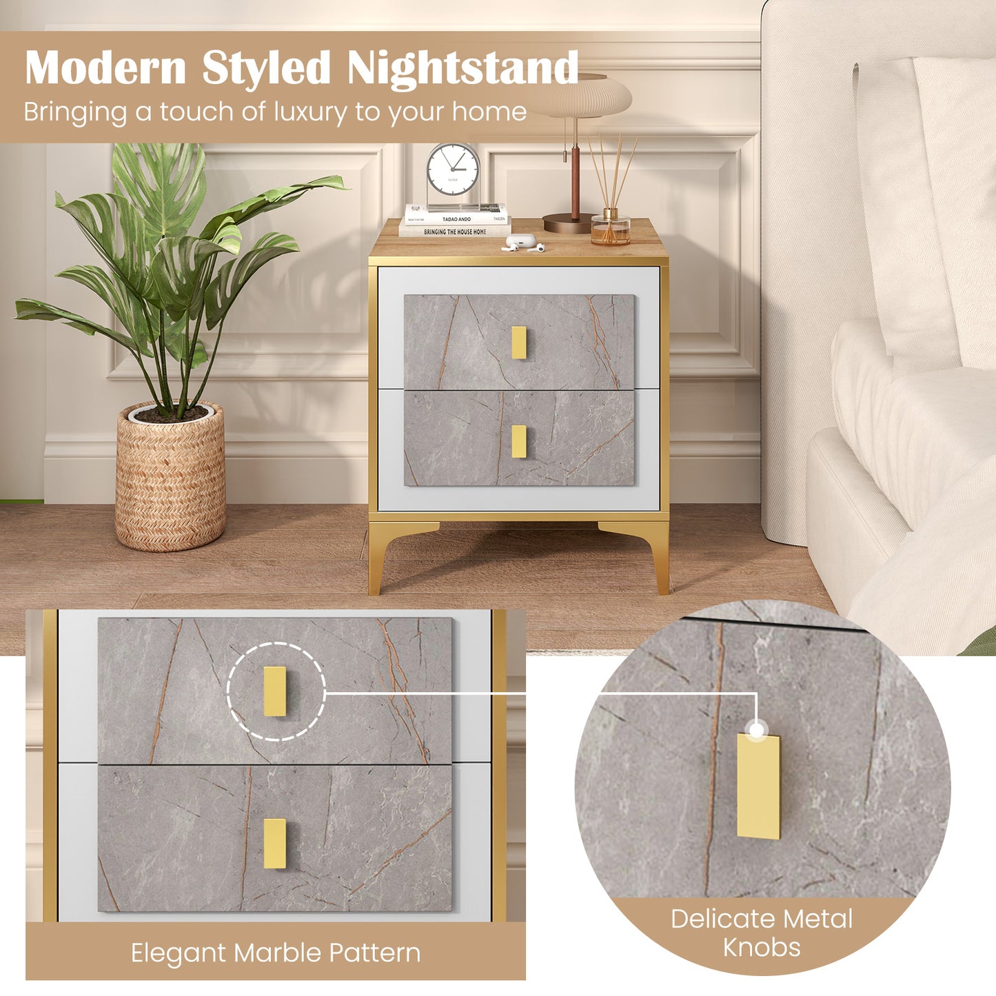 Nightstand with 2 Pull-out Drawers for Living Room Bedroom Kids Crystal