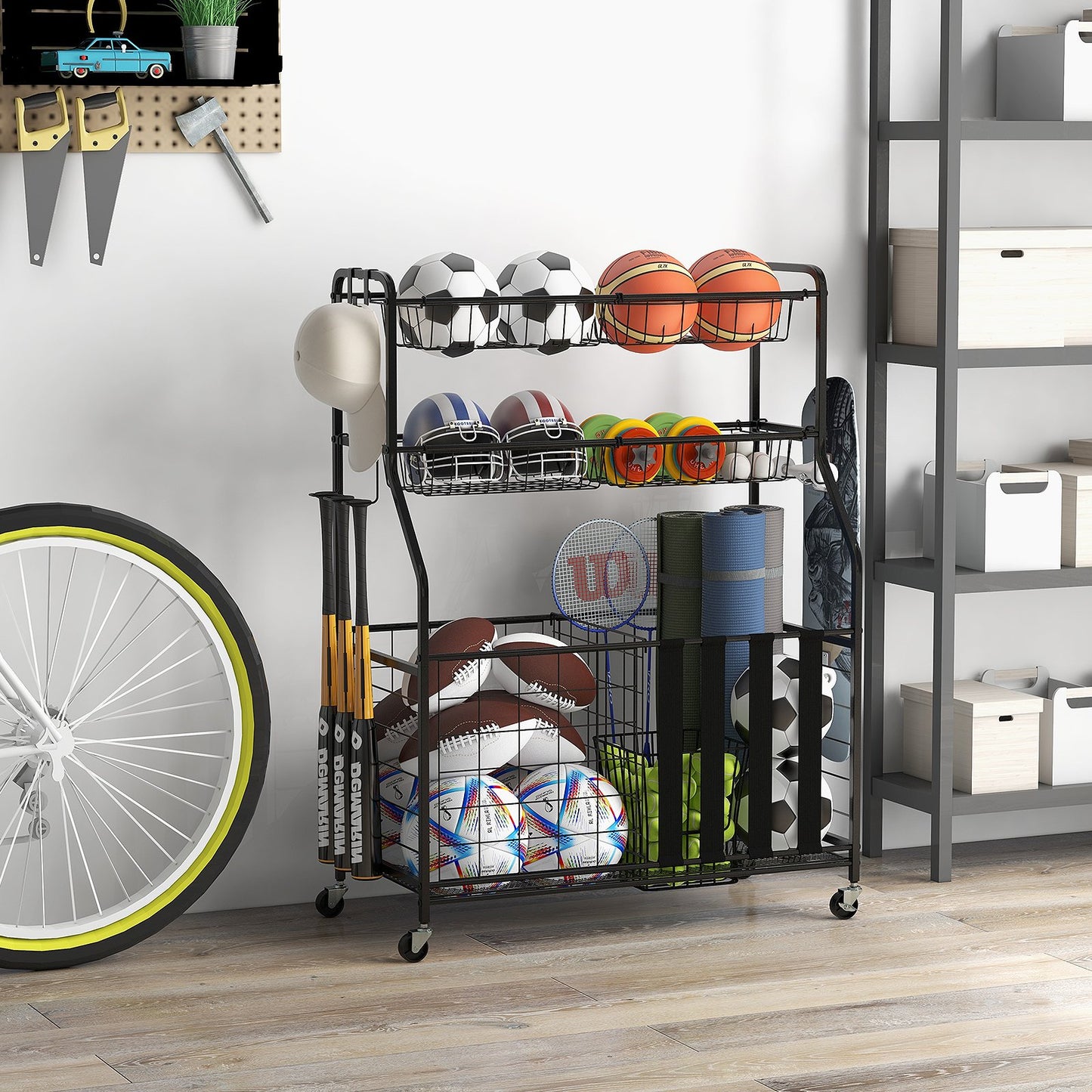 Garage Sports Equipment Organizer with Hooks & Baskets for Basketball-Black Kids Crystal