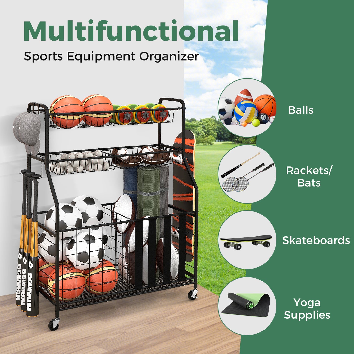 Garage Sports Equipment Organizer with Hooks & Baskets for Basketball-Black Kids Crystal