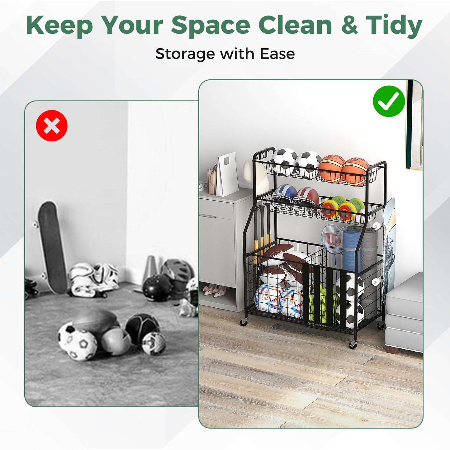 Garage Sports Equipment Organizer with Hooks & Baskets for Basketball-Black Kids Crystal