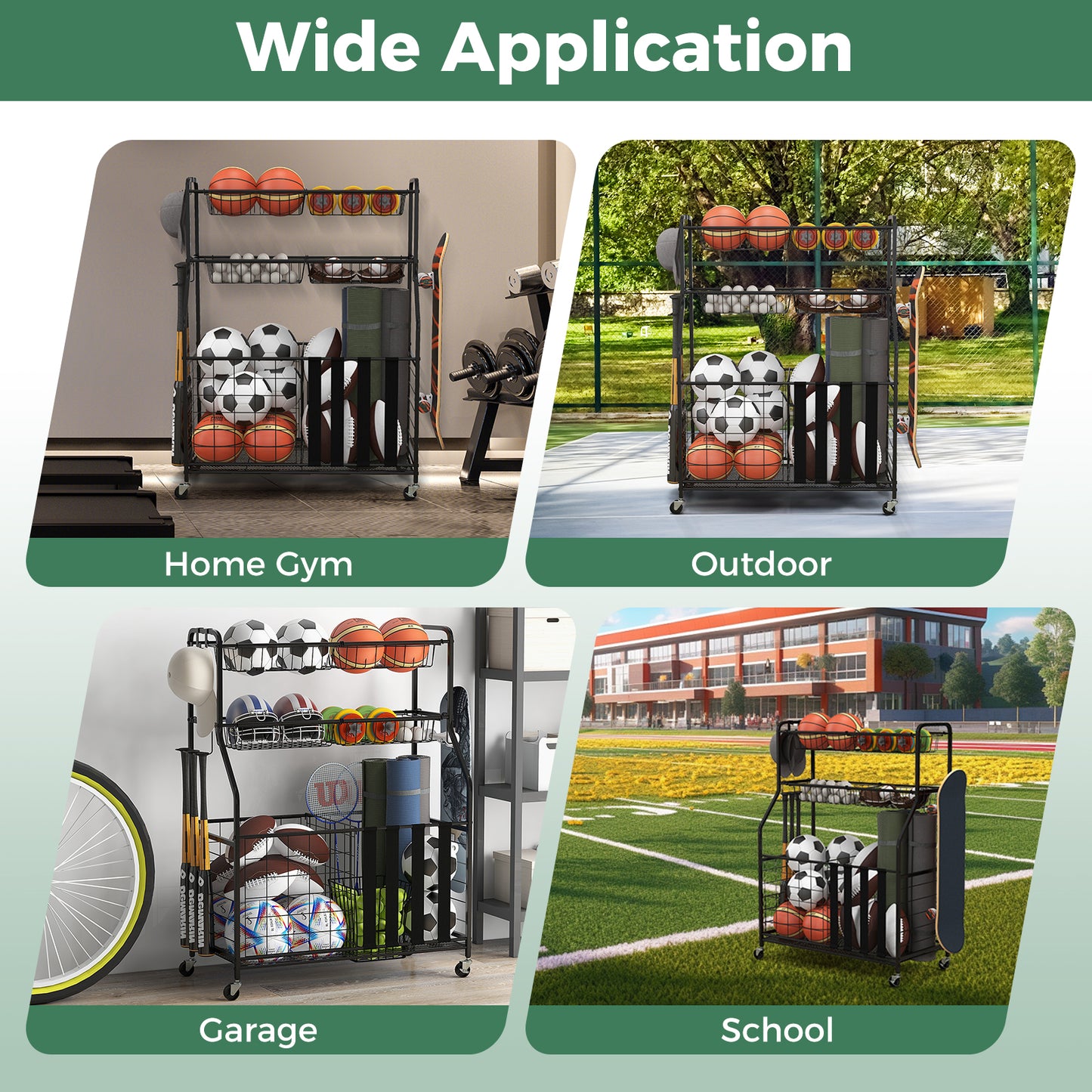 Garage Sports Equipment Organizer with Hooks & Baskets for Basketball-Black Kids Crystal