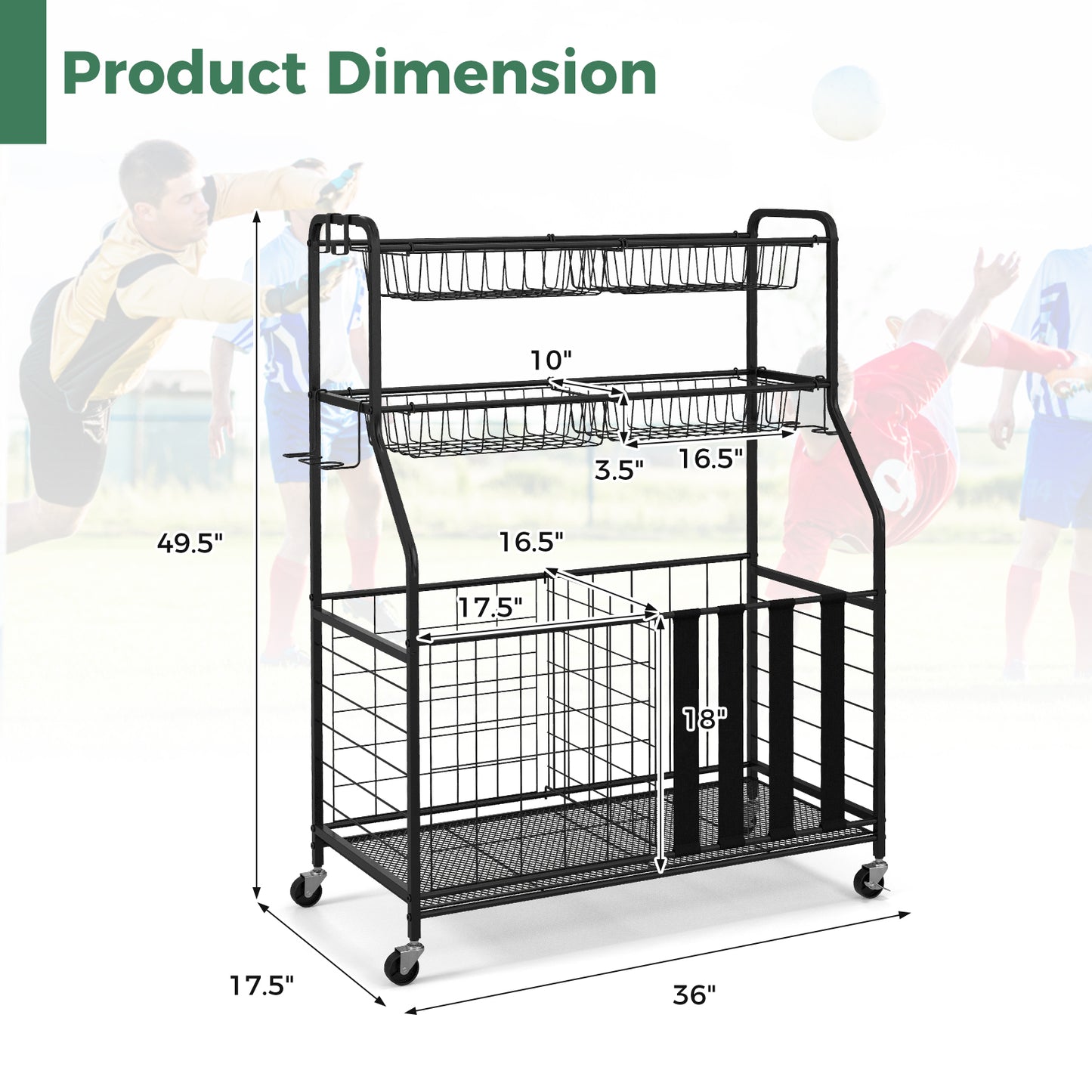Garage Sports Equipment Organizer with Hooks & Baskets for Basketball-Black Kids Crystal