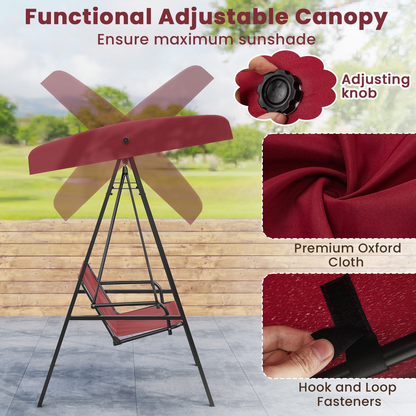 2-Person Outdoor Porch Swing with A-Shaped Metal Stand and Adjustable Canopy-Wine Kids Crystal