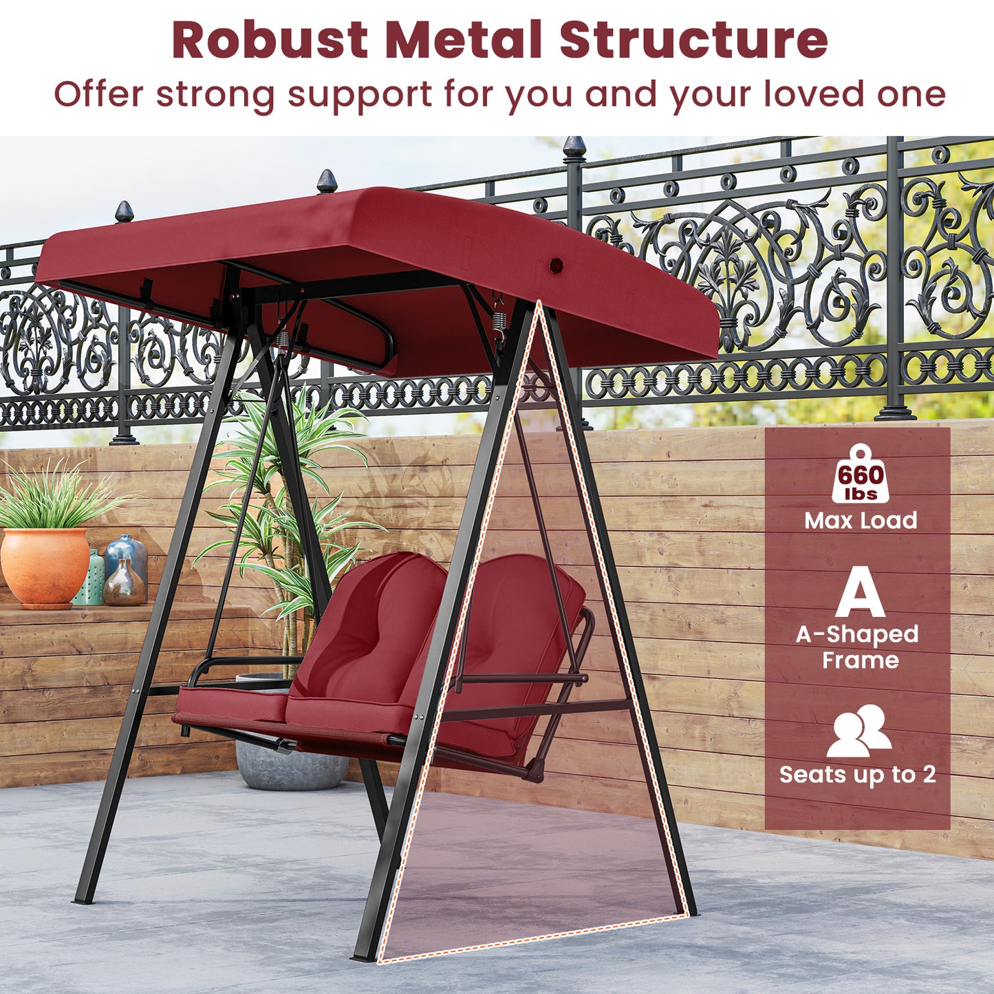 2-Person Outdoor Porch Swing with A-Shaped Metal Stand and Adjustable Canopy-Wine Kids Crystal